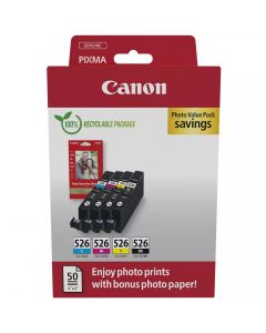 Canon CLI-526 Black Cyan Magenta Yellow Ink Cartridge Photo Paper Value Combo Pack - 4540B019