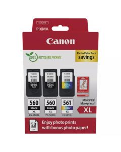 Canon PG-560XL Black Twin &amp; CL-561XL Colour Ink Cartridge Photo Paper Value Combo Pack - 3712C012