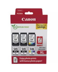 Canon PG-545XL Black Twin &amp; CL-546XL Colour Ink Cartridge Photo Paper Value Combo Pack - 8286B015
