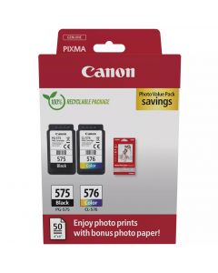 Canon PG-575 Black &amp; CL-576 Colour Ink Cartridge Photo Paper Value Combo Pack - 5438C004
