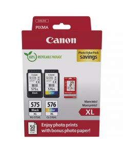Canon PG-575XL Black &amp; CL-576XL Colour Ink Cartridge Photo Paper Value Combo Pack - 5437C006
