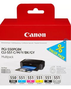 Canon PGI-550 Black &amp; CLI-551 Black Cyan Magenta Yellow Grey Ink Cartridge Combo Pack - 6496B005
