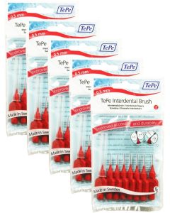 TePe Red Fine 0.50mm - 5 Packets of 8 - (40 Brushes) Bundle